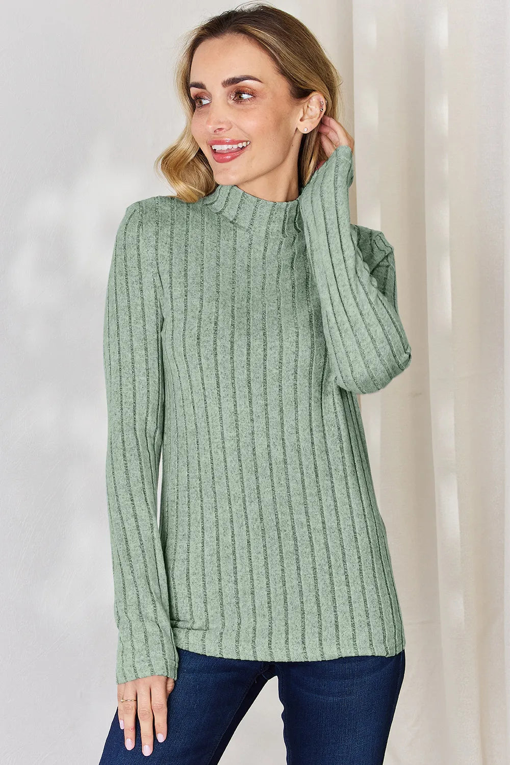 Basic Bae Full Size Ribbed Mock Neck Long Sleeve T-Shirt - LoveNest Treasures