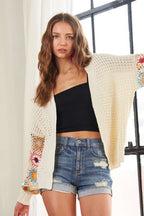 ADORA Full Size Contrast Crochet Open Front Long Sleeve Cardigan - LoveNest Treasures