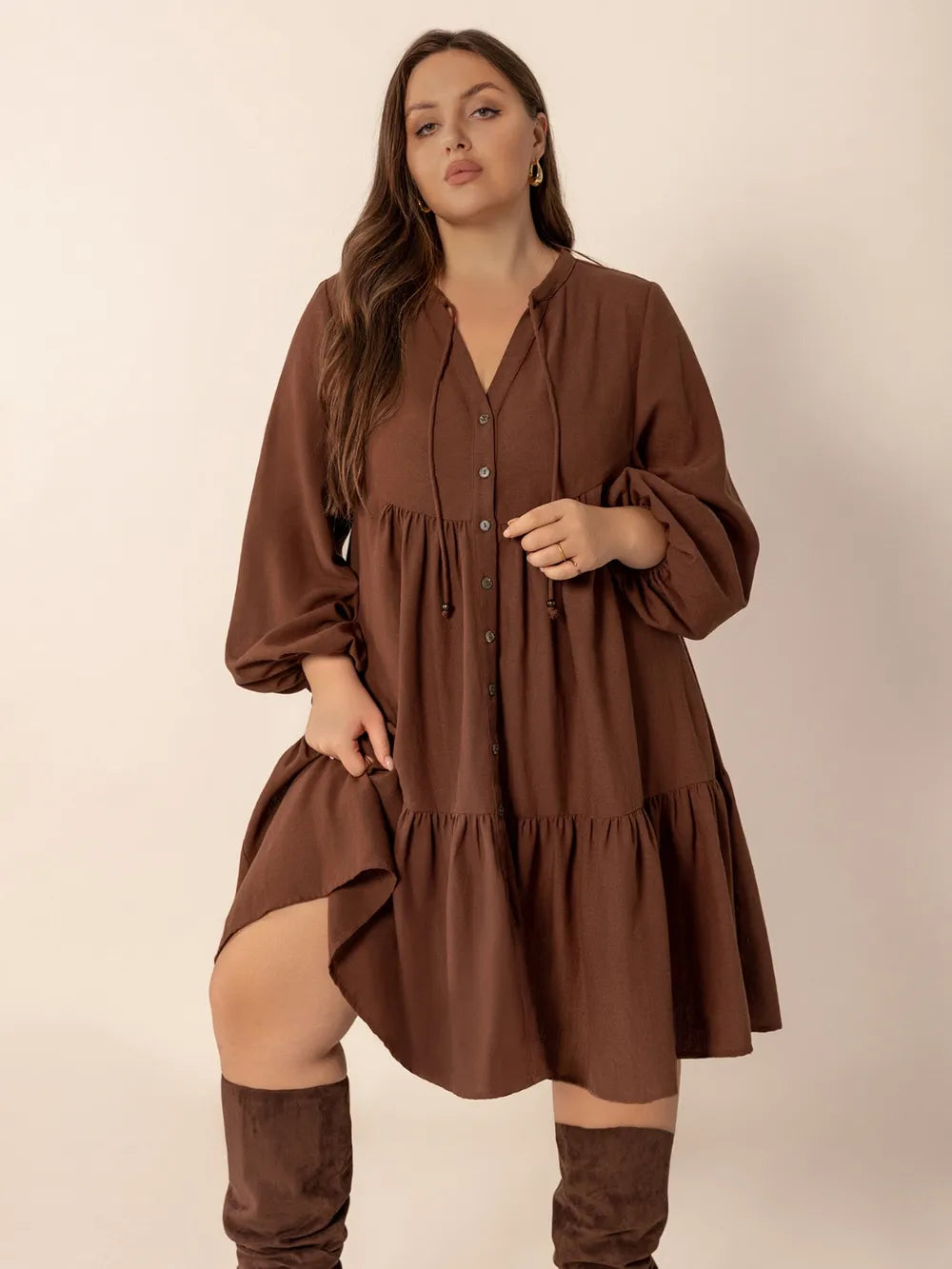 Plus Size Tie Neck Balloon Sleeve Tiered Dress - LoveNest Treasures