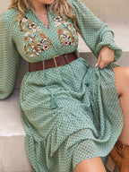 Plus Size Tassel Printed Tie Neck Long Sleeve Midi Dress - LoveNest Treasures