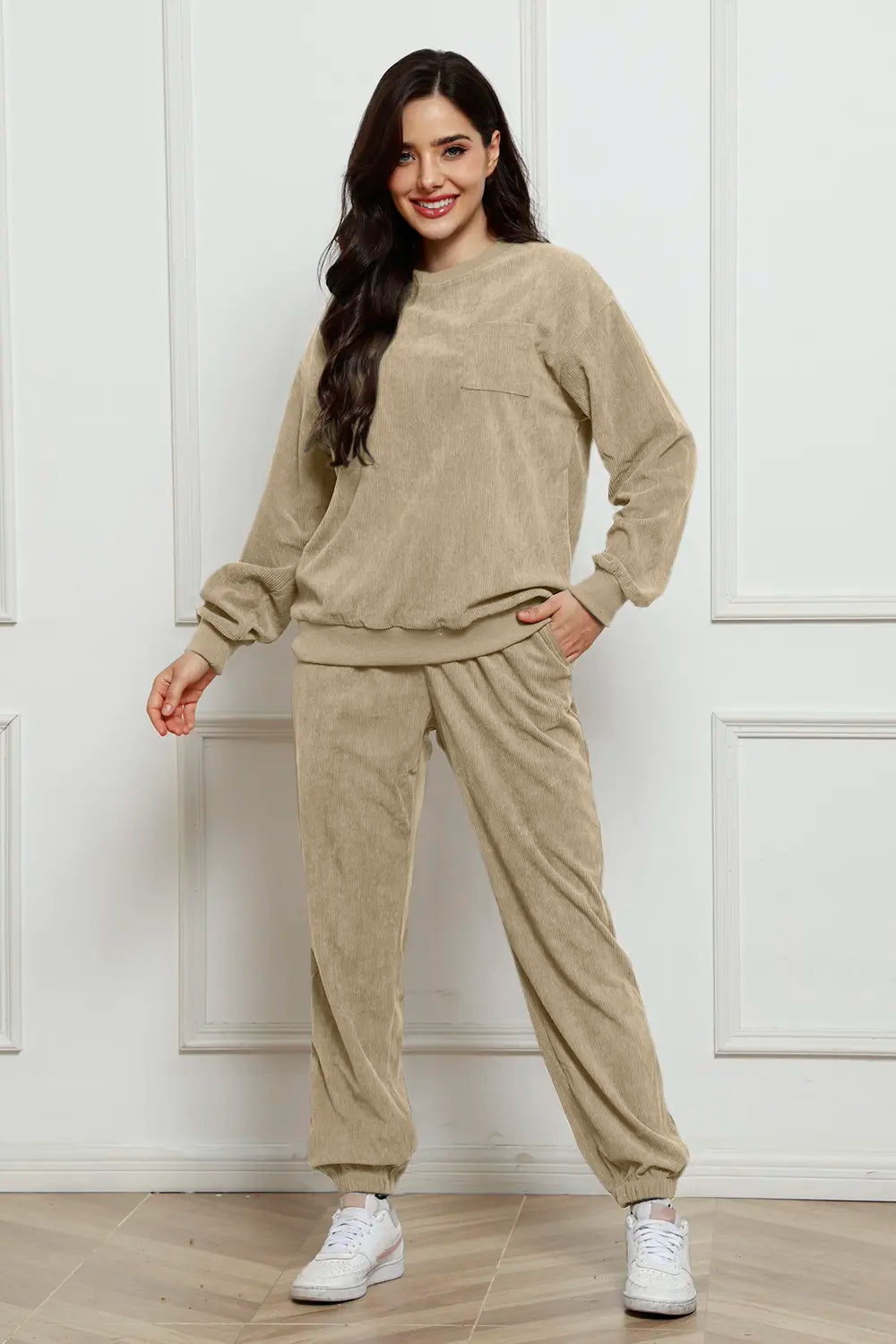 Corduroy Round Neck Sweatshirt and Sweatpants Set - LoveNest Treasures