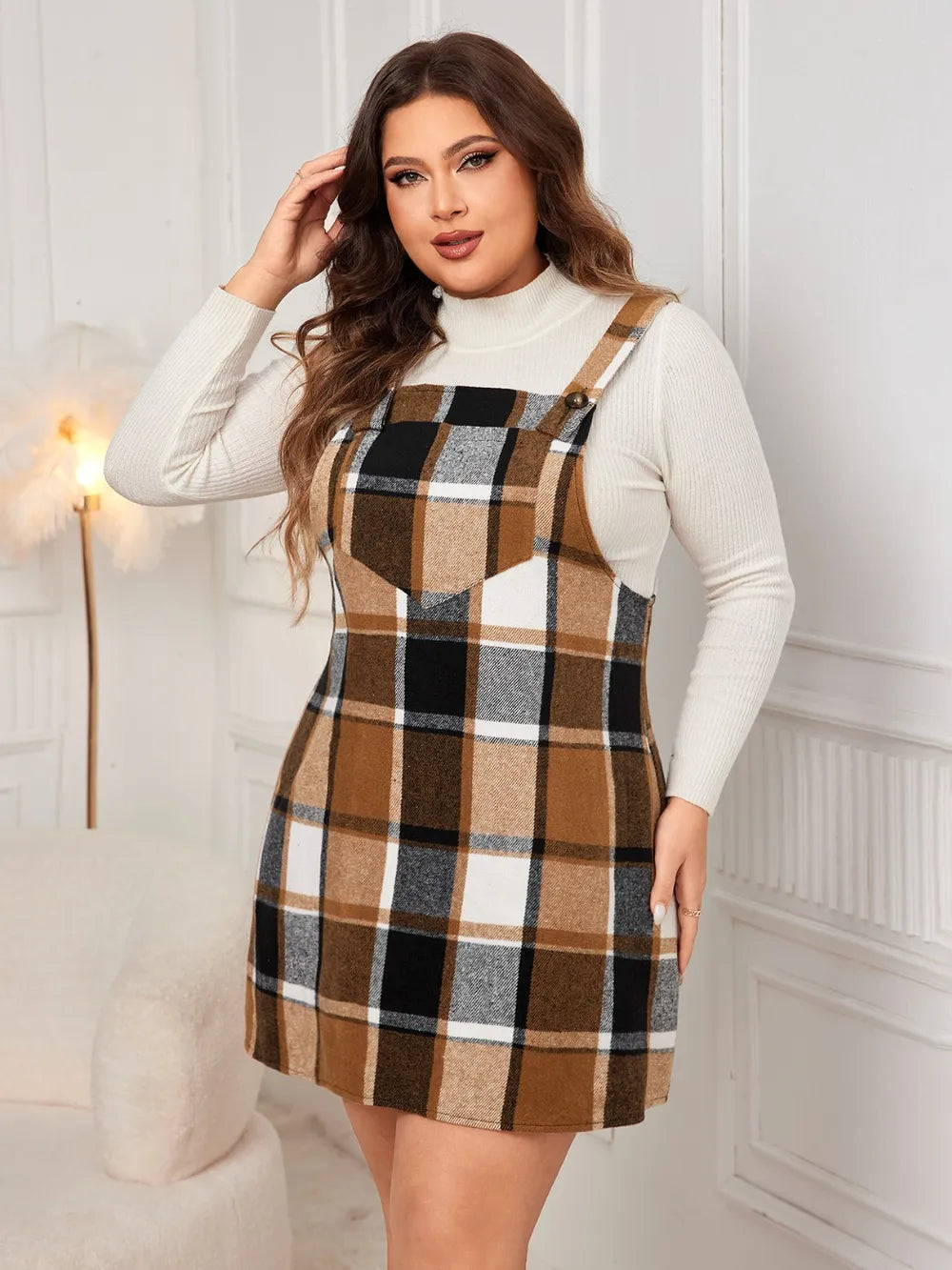 Honey Plus Size Plaid Wide Strap Overall Dress - LoveNest Treasures